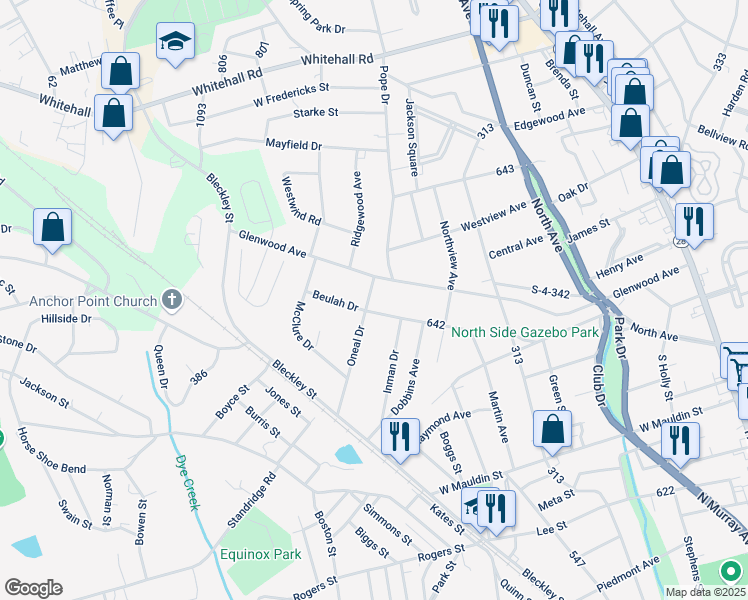 map of restaurants, bars, coffee shops, grocery stores, and more near 105 Oneal Drive in Anderson