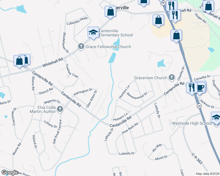 map of restaurants, bars, coffee shops, grocery stores, and more near 156 Caleb Court in Anderson