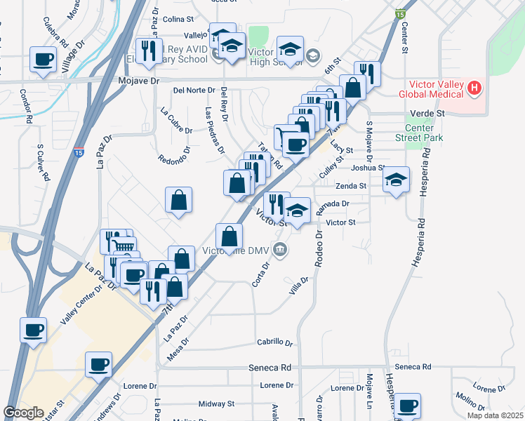 map of restaurants, bars, coffee shops, grocery stores, and more near 16424 Victor Street in Victorville