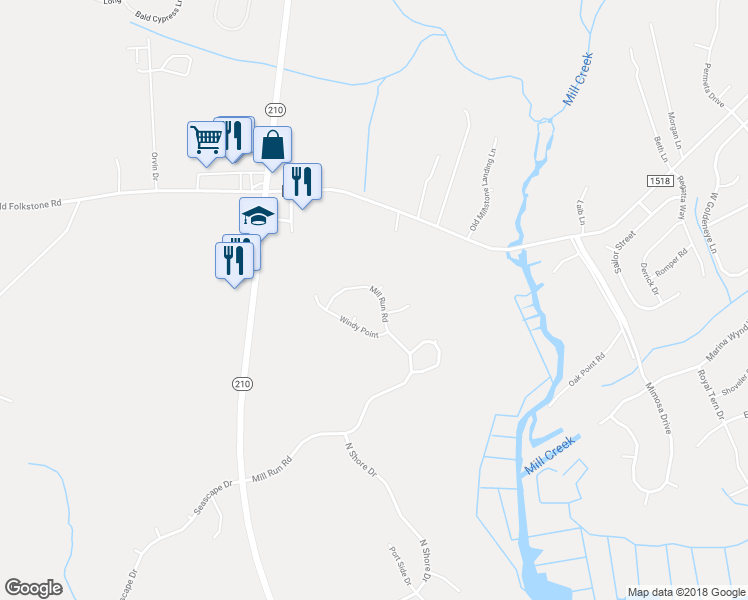 map of restaurants, bars, coffee shops, grocery stores, and more near 1111 Mill Run Road in Sneads Ferry