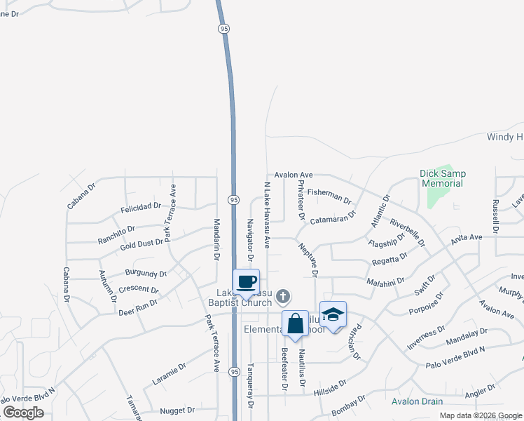 map of restaurants, bars, coffee shops, grocery stores, and more near 1689 North Lake Havasu Avenue in Lake Havasu City