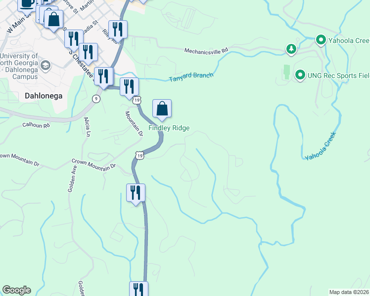 map of restaurants, bars, coffee shops, grocery stores, and more near 108 Stoneybrook Dr in Dahlonega
