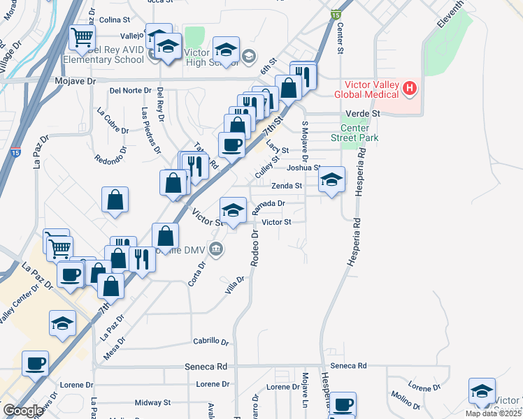 map of restaurants, bars, coffee shops, grocery stores, and more near 14944 Culley Court in Victorville