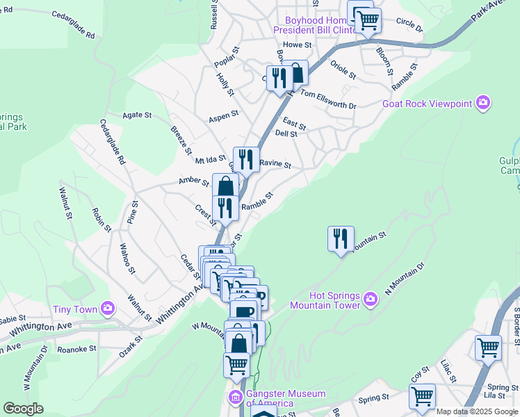 map of restaurants, bars, coffee shops, grocery stores, and more near 136 Ramble Street in Hot Springs