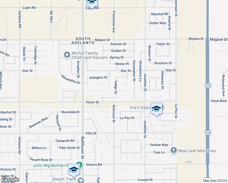 map of restaurants, bars, coffee shops, grocery stores, and more near 14966 Indigo Street in Adelanto