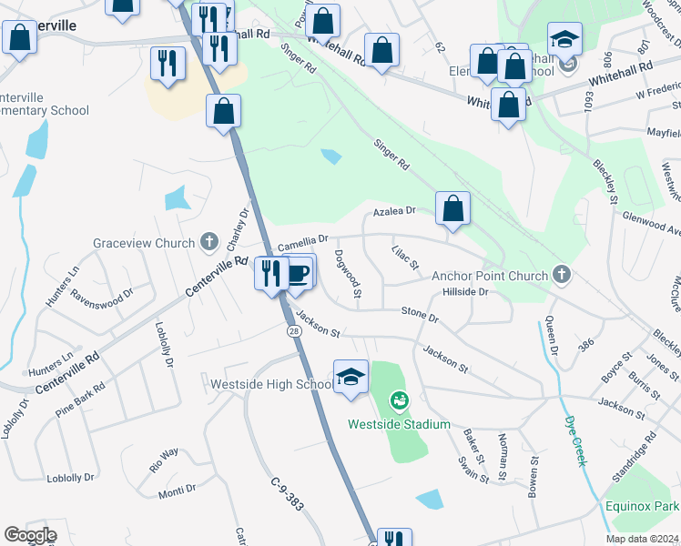 map of restaurants, bars, coffee shops, grocery stores, and more near 315 Dogwood Street in Anderson