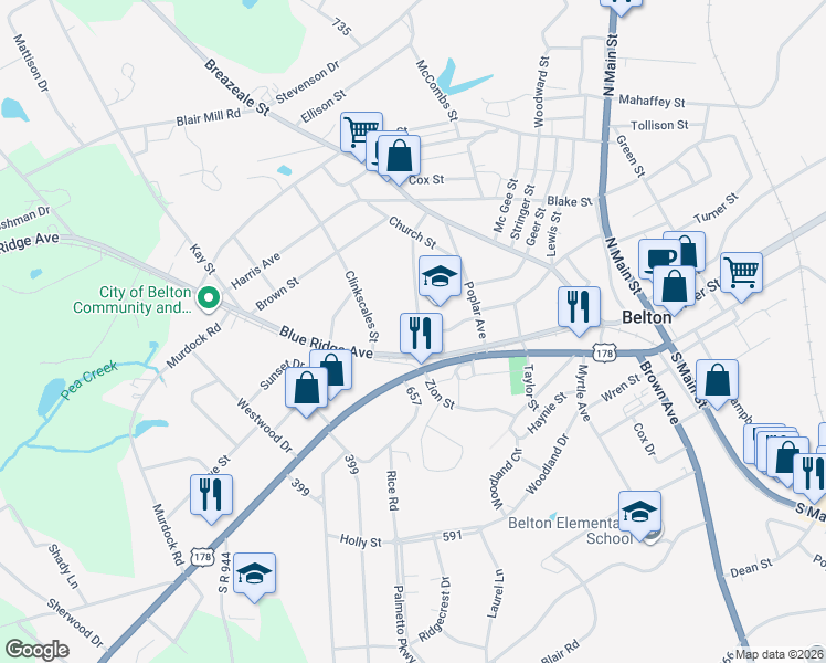 map of restaurants, bars, coffee shops, grocery stores, and more near 225 Bannister Street in Belton