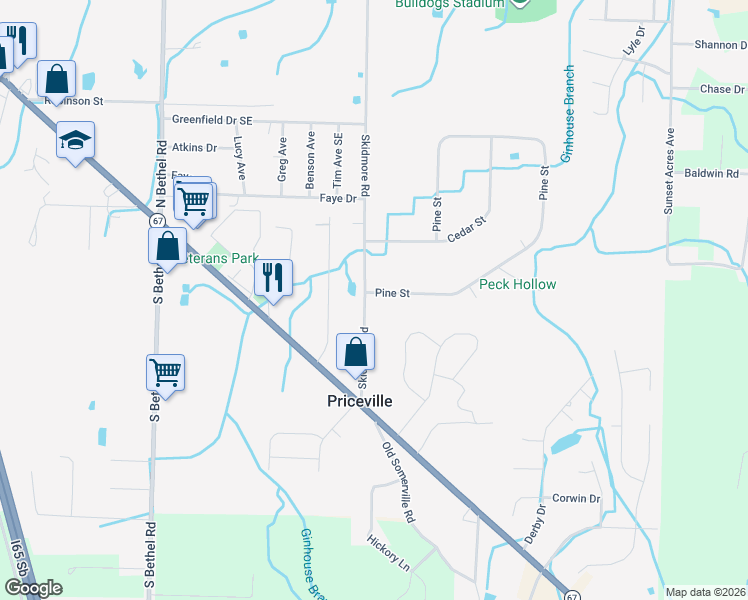map of restaurants, bars, coffee shops, grocery stores, and more near 142 Skidmore Road in Decatur