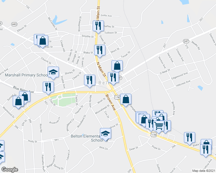 map of restaurants, bars, coffee shops, grocery stores, and more near 100 North Main Street in Belton