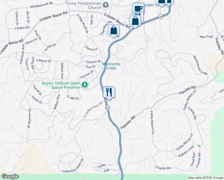 map of restaurants, bars, coffee shops, grocery stores, and more near 1101-1199 White Spar Rd in Prescott