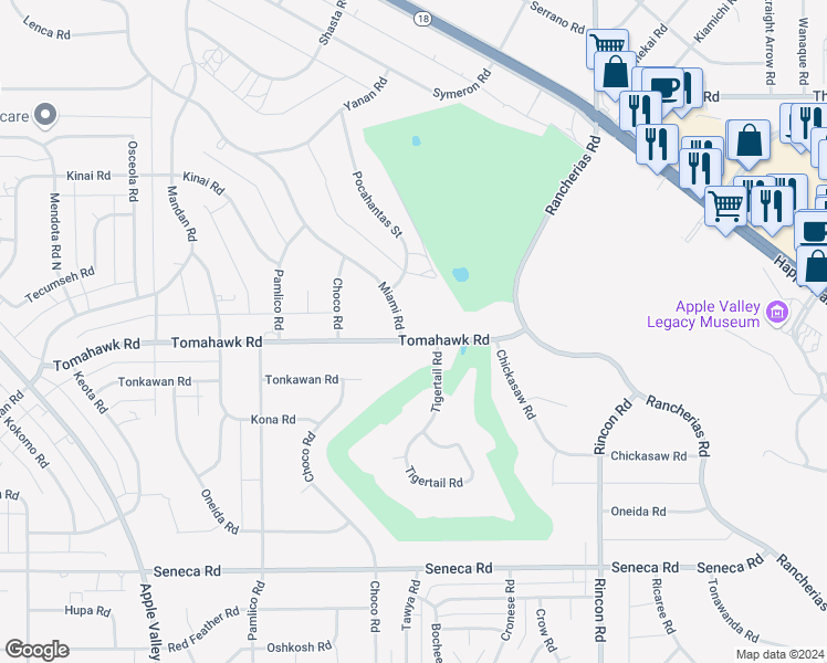 map of restaurants, bars, coffee shops, grocery stores, and more near Miami Road in Apple Valley