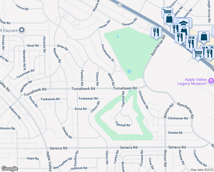 map of restaurants, bars, coffee shops, grocery stores, and more near 19718 Tomahawk Road in Apple Valley