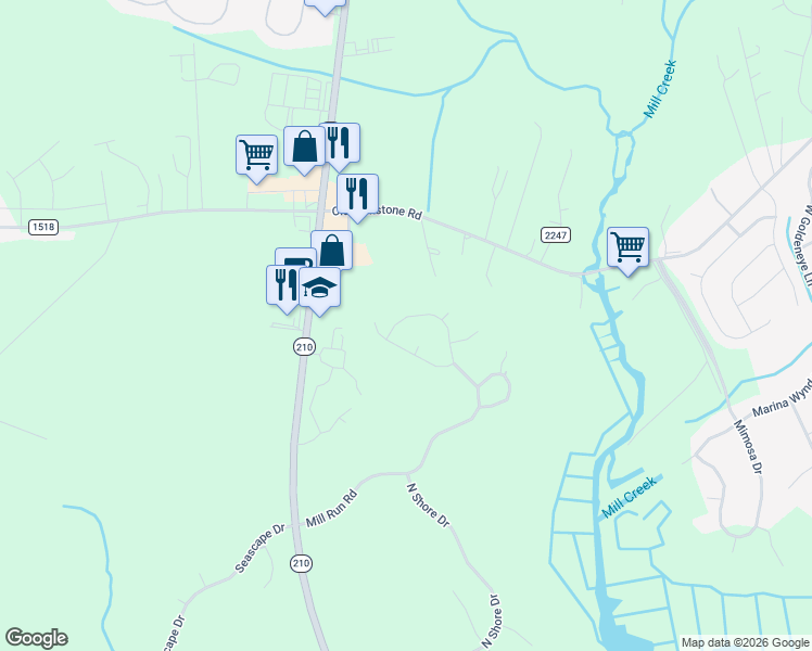 map of restaurants, bars, coffee shops, grocery stores, and more near 1121 Mill Run Road in Sneads Ferry