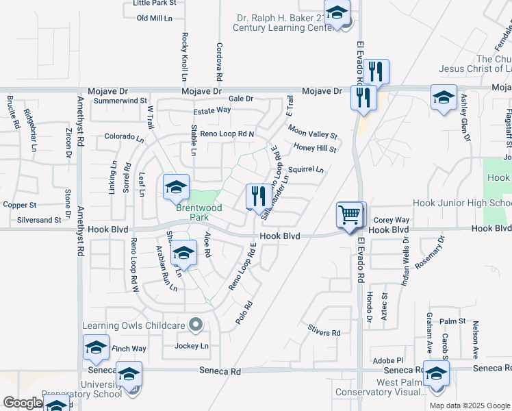 map of restaurants, bars, coffee shops, grocery stores, and more near 14971 Brown Lane in Victorville