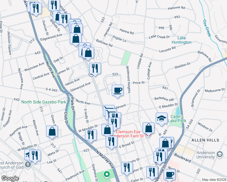 map of restaurants, bars, coffee shops, grocery stores, and more near 306 Moultrie Square in Anderson