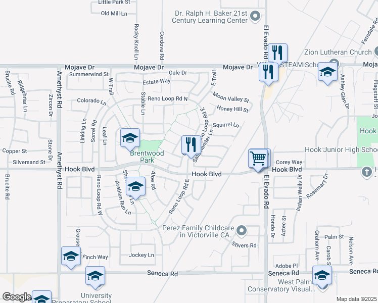 map of restaurants, bars, coffee shops, grocery stores, and more near 14971 Brown Lane in Victorville