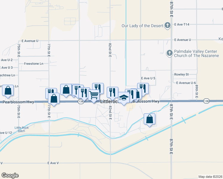 map of restaurants, bars, coffee shops, grocery stores, and more near 82ND Pearblossom Highway in Littlerock