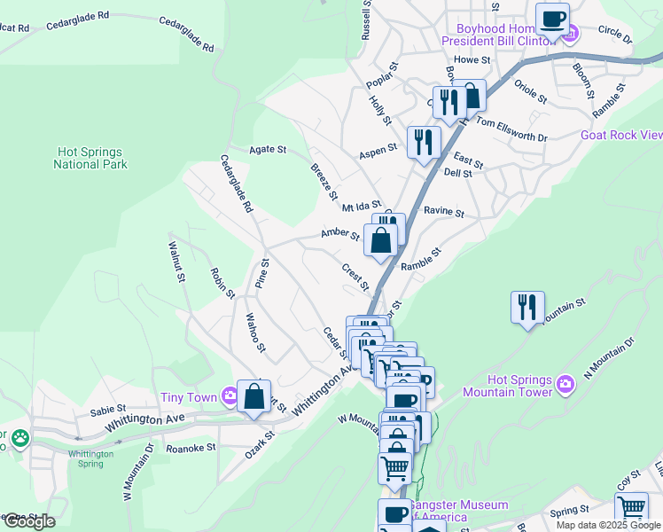 map of restaurants, bars, coffee shops, grocery stores, and more near 167 Crest Street in Hot Springs