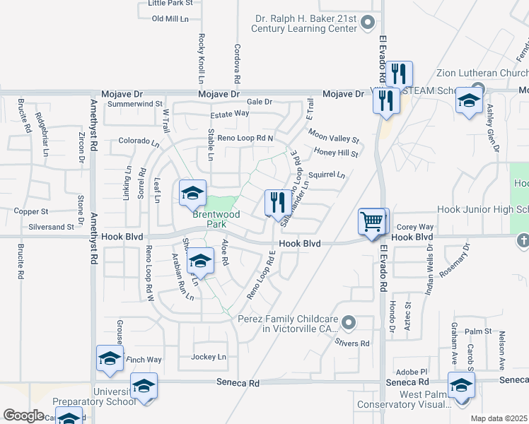 map of restaurants, bars, coffee shops, grocery stores, and more near 14962 Brown Lane in Victorville