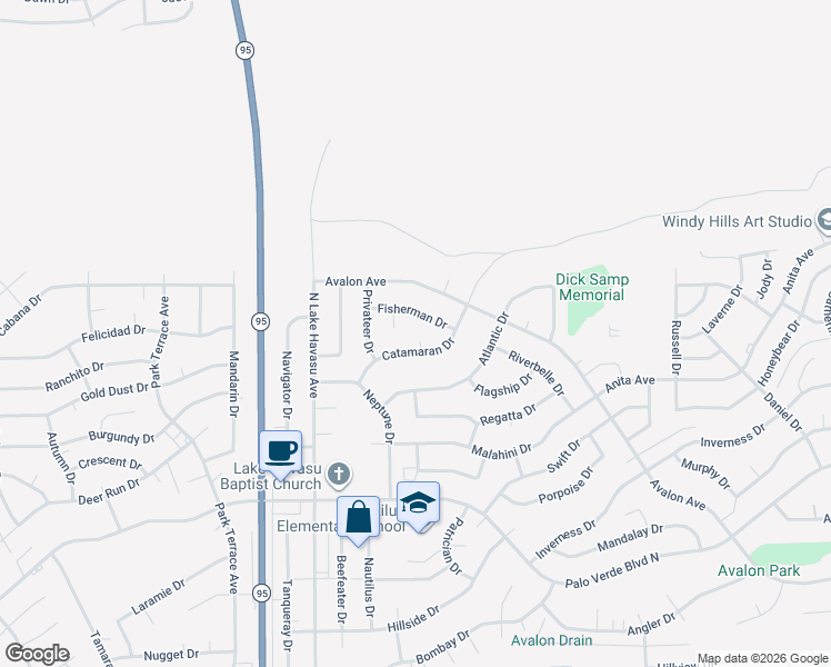 map of restaurants, bars, coffee shops, grocery stores, and more near 2279 Catamaran Court in Lake Havasu City