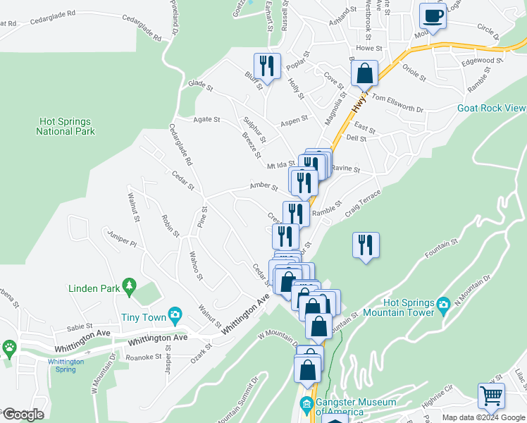 map of restaurants, bars, coffee shops, grocery stores, and more near 167 Crest Street in Hot Springs