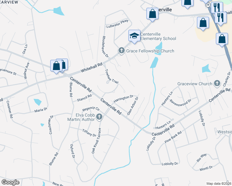 map of restaurants, bars, coffee shops, grocery stores, and more near 105 Wren Way in Anderson