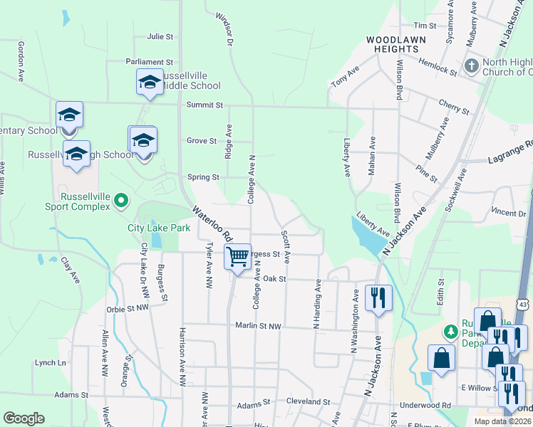 map of restaurants, bars, coffee shops, grocery stores, and more near 1605 Scott Avenue in Russellville