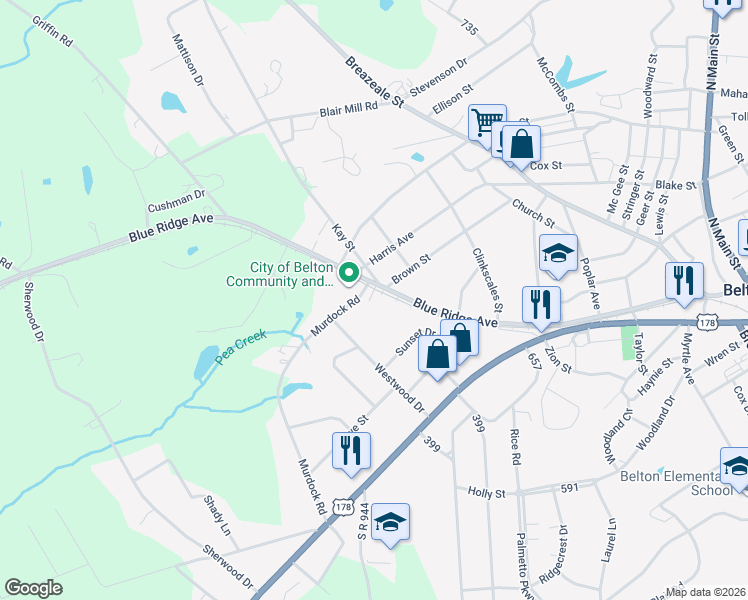 map of restaurants, bars, coffee shops, grocery stores, and more near 622 Blue Ridge Avenue in Belton