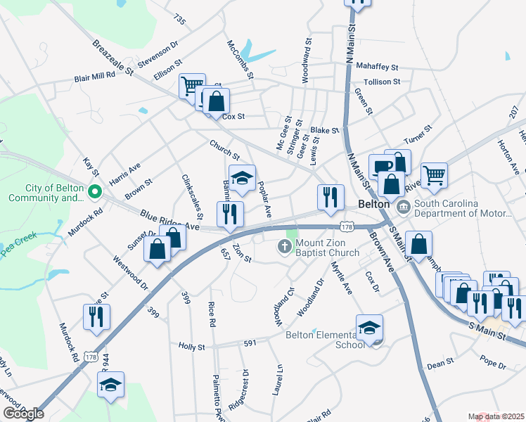 map of restaurants, bars, coffee shops, grocery stores, and more near 104 Poplar Avenue in Belton