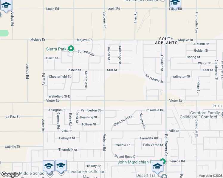 map of restaurants, bars, coffee shops, grocery stores, and more near 14971 Coppola Street in Adelanto