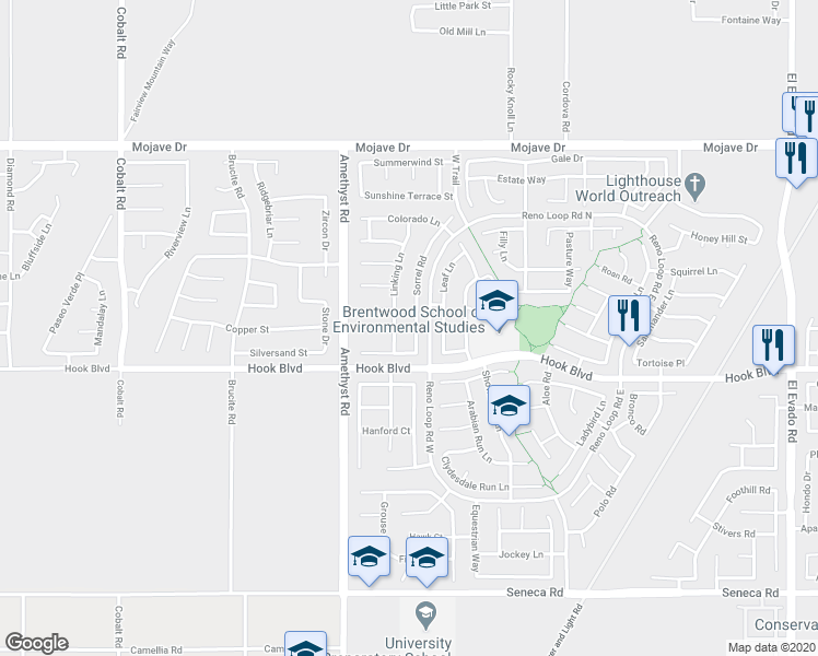 map of restaurants, bars, coffee shops, grocery stores, and more near 14970 Sorrel Road in Victorville