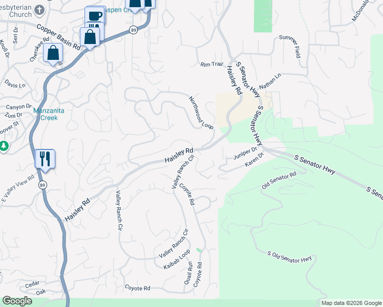 map of restaurants, bars, coffee shops, grocery stores, and more near 1990 Valley Ranch Circle in Prescott