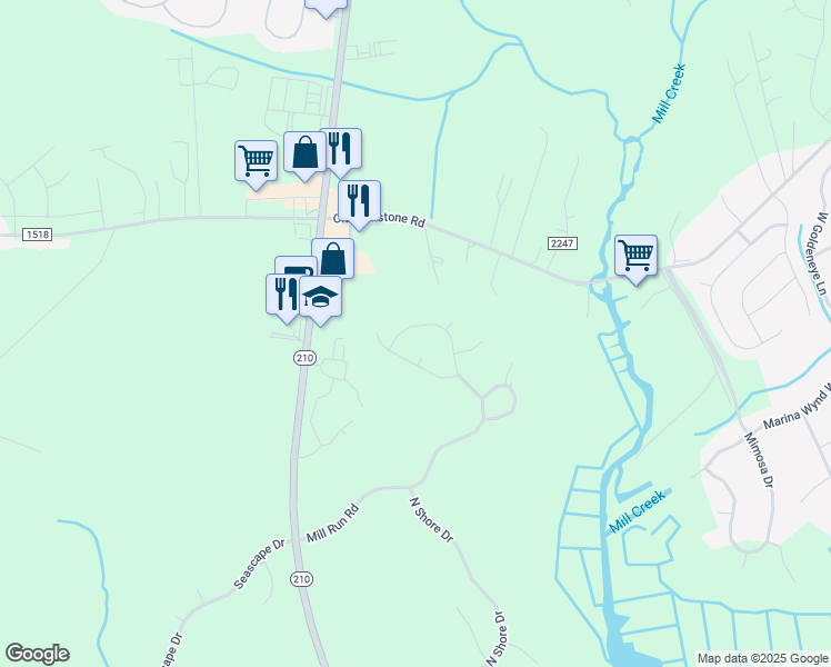 map of restaurants, bars, coffee shops, grocery stores, and more near 1121 Mill Run Road in Sneads Ferry