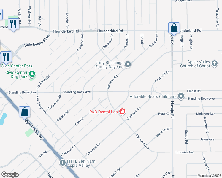 map of restaurants, bars, coffee shops, grocery stores, and more near 14915 Ramona Avenue in Apple Valley