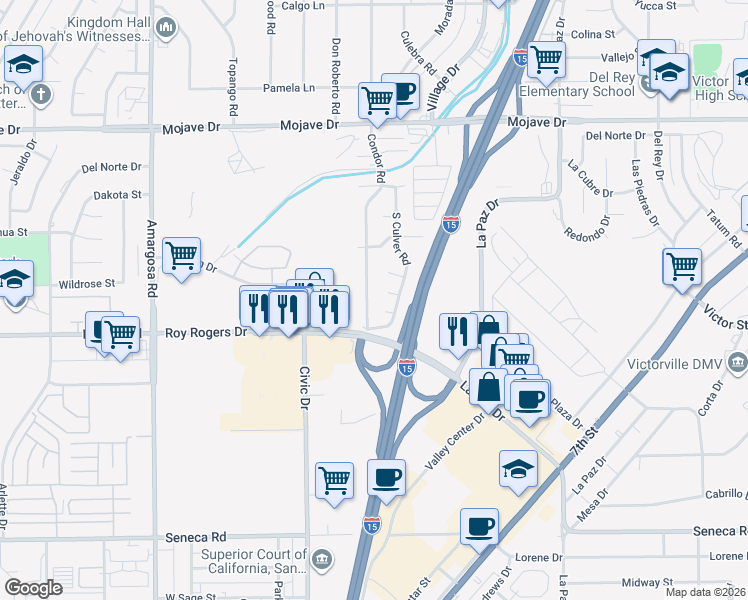 map of restaurants, bars, coffee shops, grocery stores, and more near 14959 Condor Road in Victorville