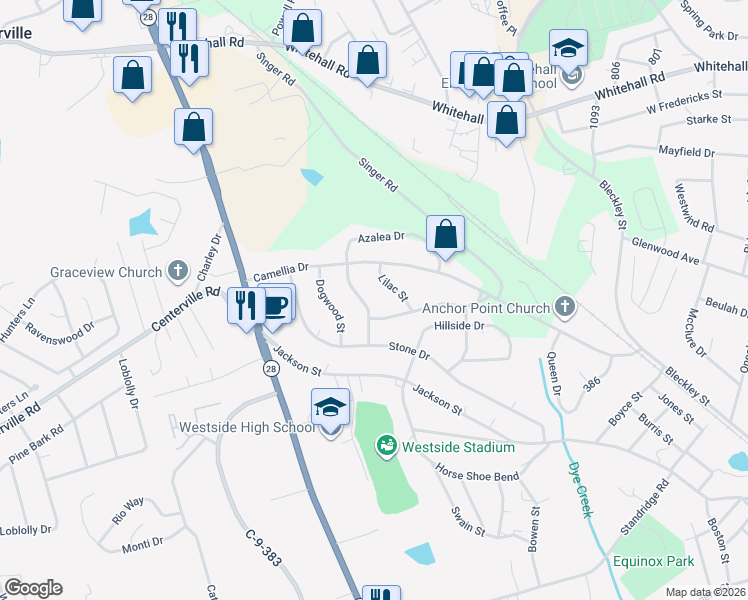map of restaurants, bars, coffee shops, grocery stores, and more near 404 Azalea Drive in Anderson