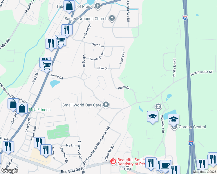 map of restaurants, bars, coffee shops, grocery stores, and more near 134 Jarrett Drive in Calhoun