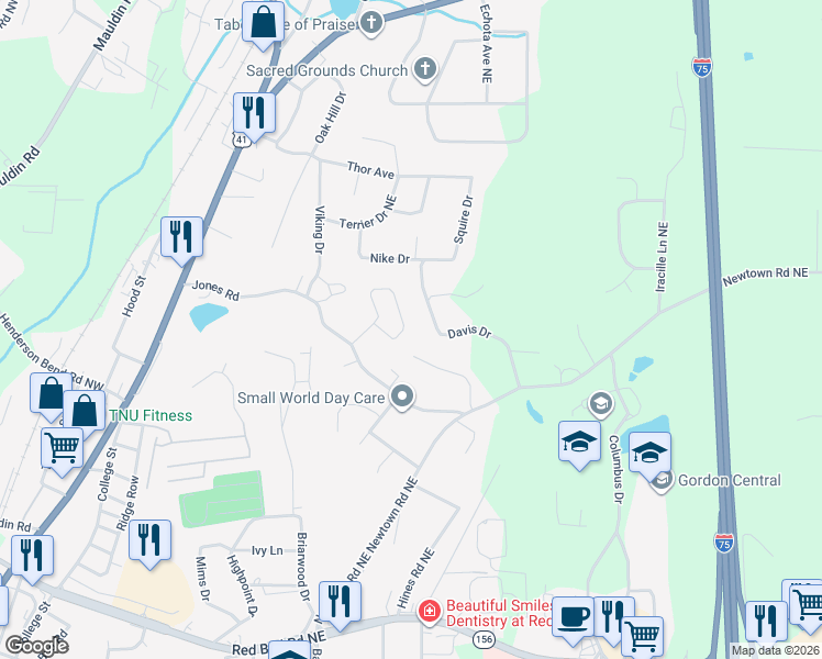 map of restaurants, bars, coffee shops, grocery stores, and more near 134 Jarrett Drive in Calhoun