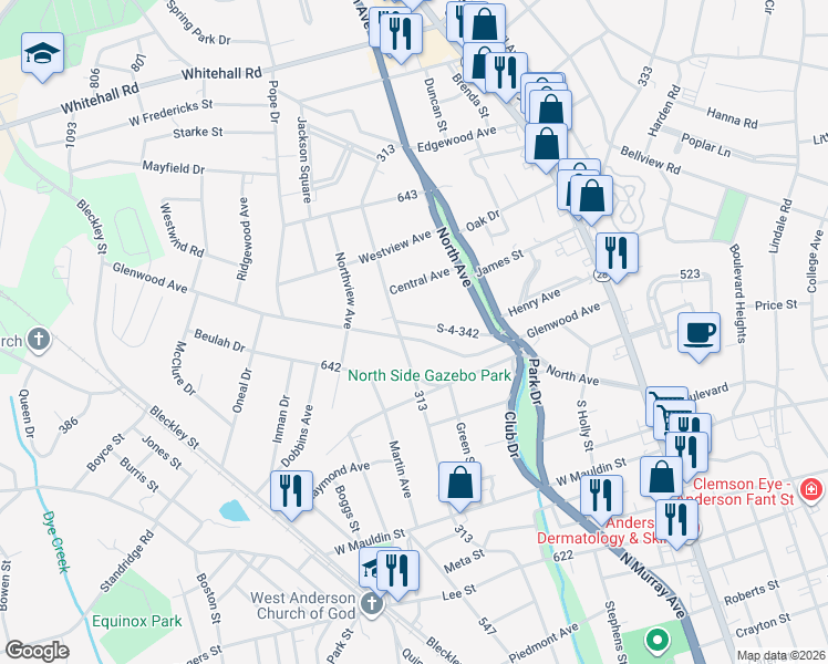 map of restaurants, bars, coffee shops, grocery stores, and more near 425 S-4-342 in Anderson