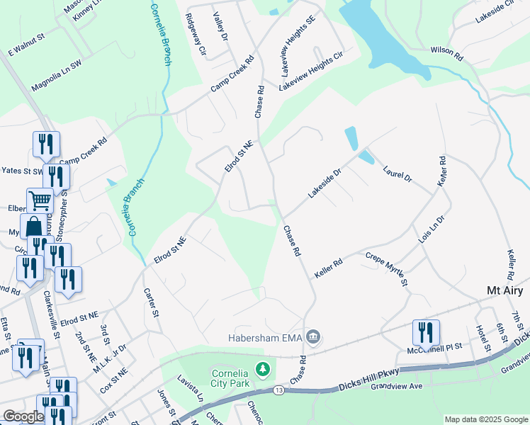 map of restaurants, bars, coffee shops, grocery stores, and more near 851 Chase Road in Cornelia