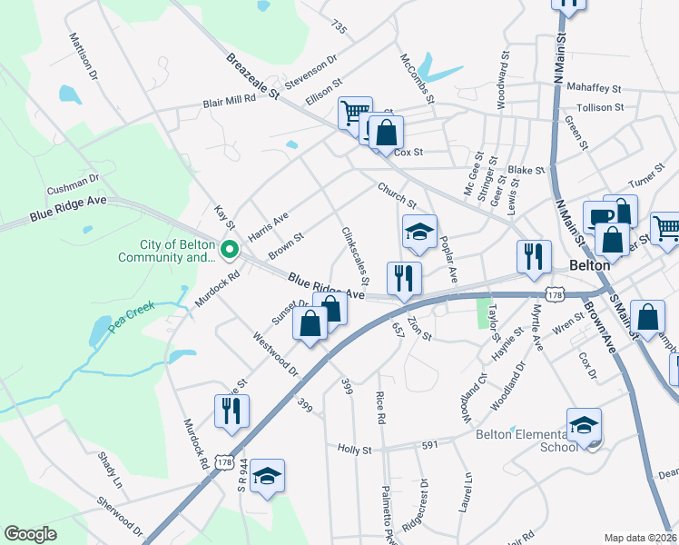 map of restaurants, bars, coffee shops, grocery stores, and more near 105 Davenport Street in Belton