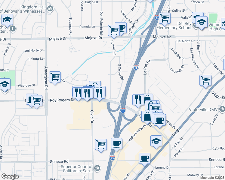 map of restaurants, bars, coffee shops, grocery stores, and more near 14959 Condor Road in Victorville
