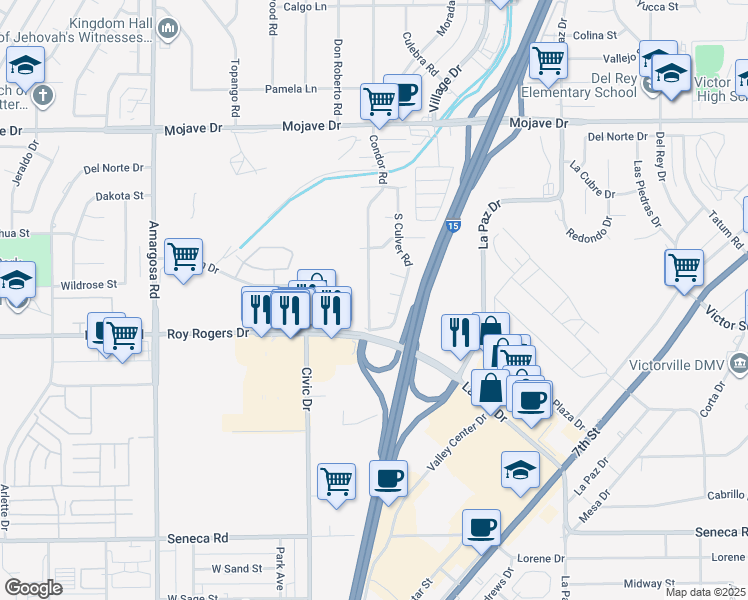 map of restaurants, bars, coffee shops, grocery stores, and more near 14959 Condor Road in Victorville