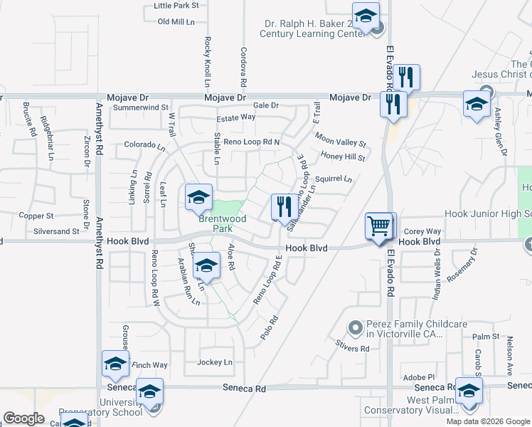 map of restaurants, bars, coffee shops, grocery stores, and more near 14962 Brown Lane in Victorville