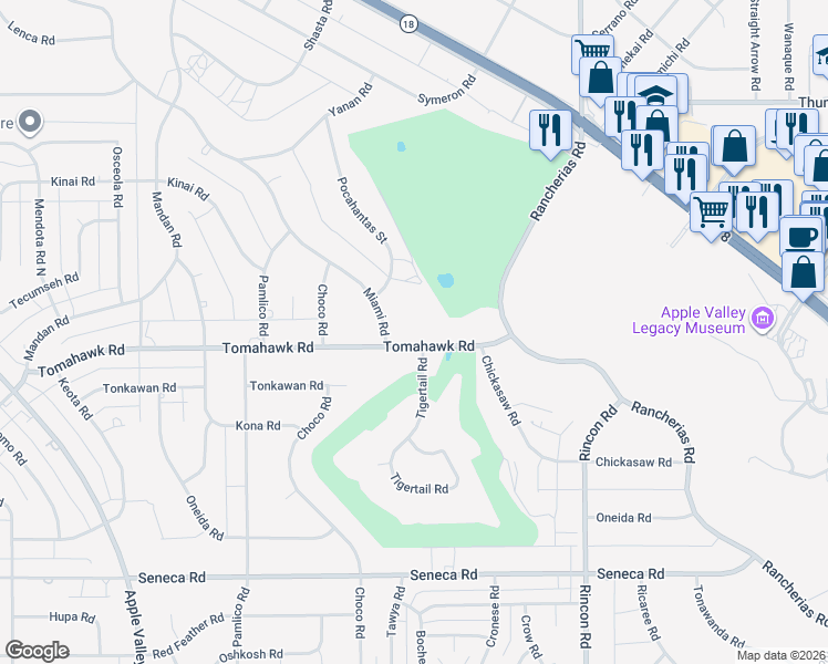 map of restaurants, bars, coffee shops, grocery stores, and more near 19814 Tomahawk Road in Apple Valley