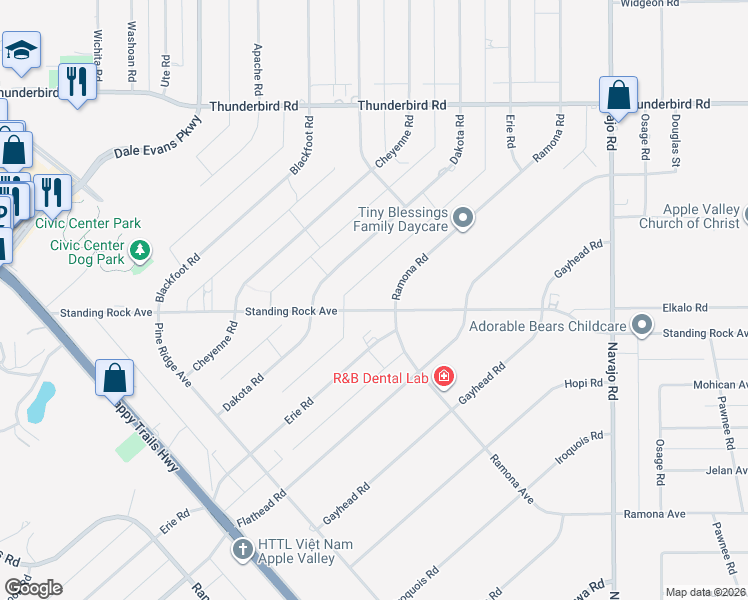map of restaurants, bars, coffee shops, grocery stores, and more near 21230 Standing Rock Avenue in Apple Valley