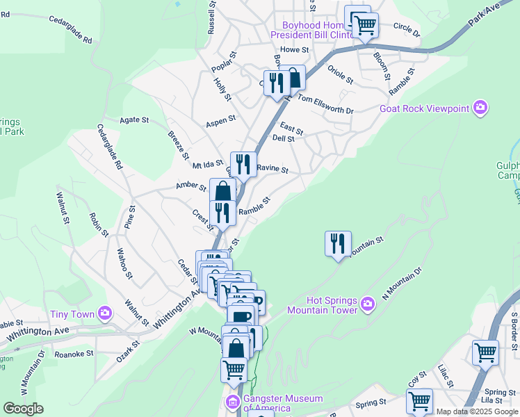 map of restaurants, bars, coffee shops, grocery stores, and more near 136 Ramble Street in Hot Springs