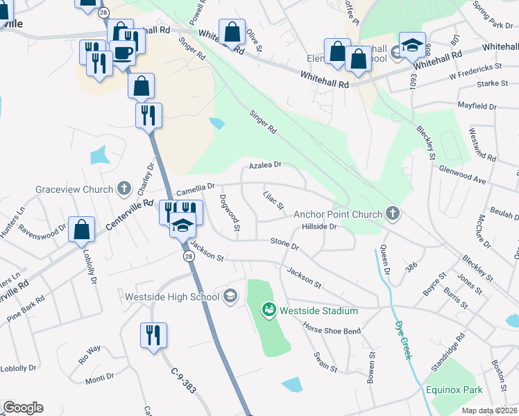 map of restaurants, bars, coffee shops, grocery stores, and more near 404 Azalea Drive in Anderson