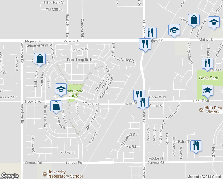 map of restaurants, bars, coffee shops, grocery stores, and more near 14293 Wildcat Lane in Victorville