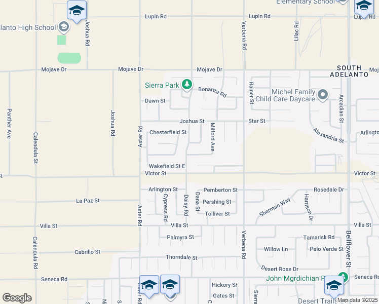 map of restaurants, bars, coffee shops, grocery stores, and more near 14985 Daisy Road in Adelanto